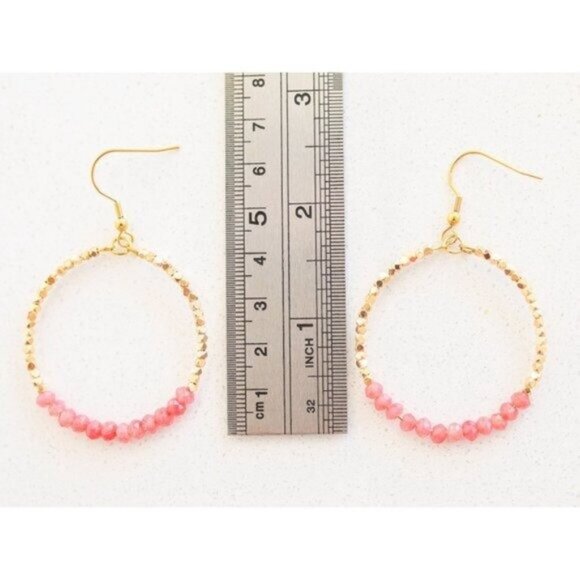 Red Jade Pink Sparkly Gold Beaded Earring Gemstone dangle hoops vacation jewelry - Picture 4 of 10